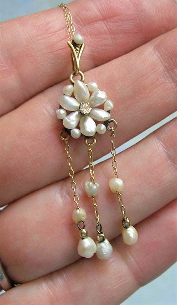 Antique 10K Gold Lavaliere Pendant With Pearls an… - image 4