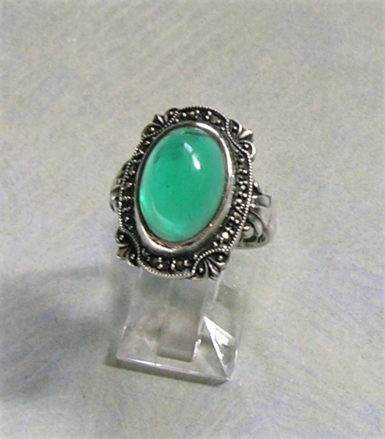 Green Glass and Marcasite Ring Art Deco Ring #3808 1930s Size 6 Art Deco Cocktail Ring Vintage Art Deco Sterling Silver