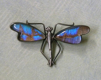 Antique Sterling Morpho Butterfly Wing Dragonfly Pin, Old Butterfly Wing Brooch Pin, Sterling Dragonfly Wing Pin (#4359)