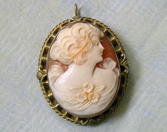 Antique Gold Filled Cameo Pendant Brooch, Old Carved Cameo With Woman, Antique GF Cameo Pendant (#4400)
