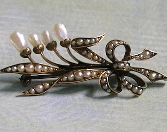 Antique 14K Gold And Half Pearl Flower Brooch Pin, Old Seed Pearl Pin Brooch, 14k Gold and Pearl Pin, Wedding Jewelry (#4539)