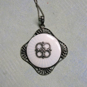 Antique 1930&#39;s Sterling Enamel Pendant Necklace; Austrian Enamel Necklace; Antique Guilloche Enamel Pendant (#3553)