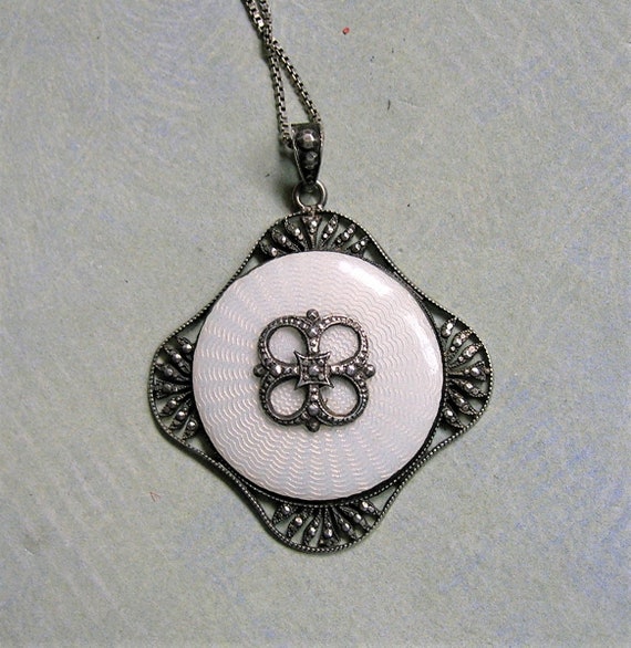 Antique 1930's Sterling Enamel Pendant Necklace; Austrian Enamel Necklace; Antique Guilloche Enamel Pendant (#3553)