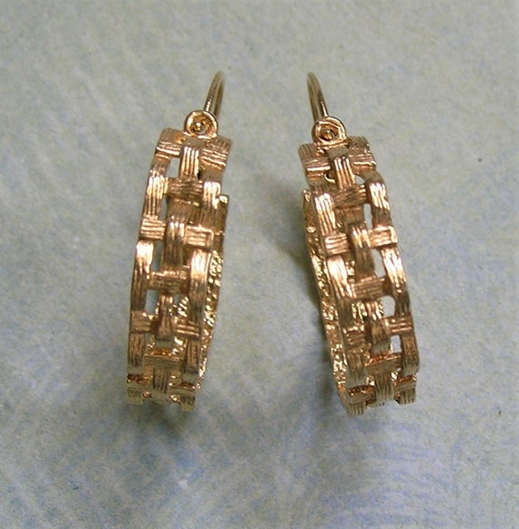Vintage 14K Gold Basket Weave Hoop Earrings, Old … - image 6
