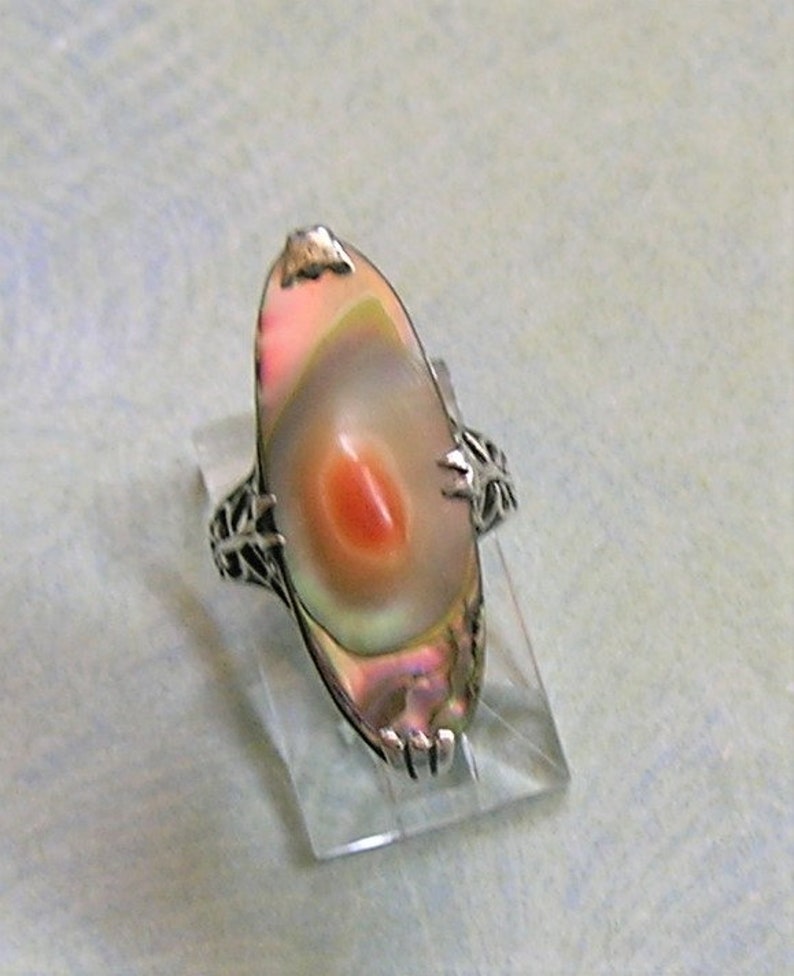 Antique Sterling Abalone Blister Pearl Ring, Vintage Sterling Silver Blister Pearl Ring, Cocktail Ring 4050 image 9