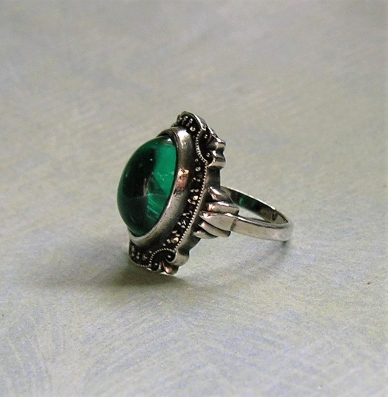 Green Glass and Marcasite Ring Art Deco Ring #3808 1930s Size 6 Art Deco Cocktail Ring Vintage Art Deco Sterling Silver