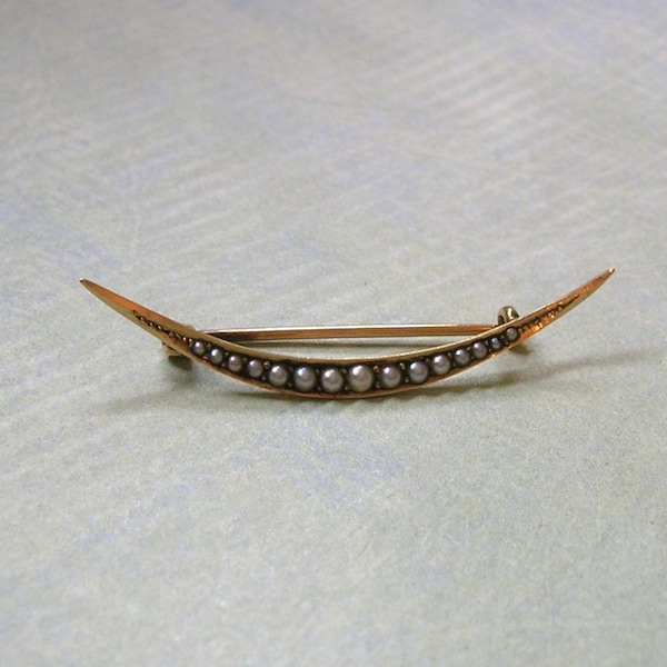 RESERVE FOR ZOYA - Antique Victorian 14K Gold Seed Pearl Crescent Moon Brooch Pin, Old Seed Pearl Pin Brooch, Conversion Jewelry (#3108)