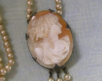 Antique Sterling Silver and Faux Pearls Cameo Necklace, Old Carved Cameo Necklace With Woman, Antique Silver Cameo Necklace (#4378)