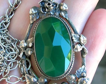 Antique Art Nouveau Sterling Necklace with Faceted Green Glass, Sterling Germany Necklace, Silver Arts and Craft Necklace With Roses (#5086)