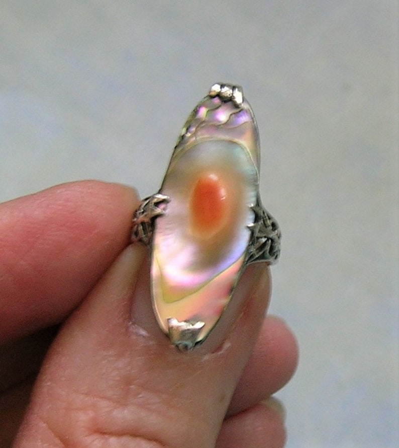 Antique Sterling Abalone Blister Pearl Ring, Vintage Sterling Silver Blister Pearl Ring, Cocktail Ring 4050 image 4