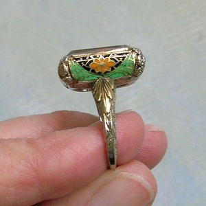 Antique Art Deco 14K Yellow and White Gold Enamel Ring with Intaglio, Art Deco Enamel Ring, Size 5.25 (#4387)