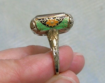 Antique Art Deco 14K Yellow and White Gold Enamel Ring with Intaglio, Art Deco Enamel Ring, Size 5.25 (#4387)