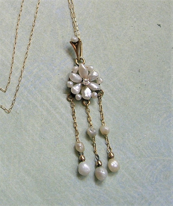 Antique 10K Gold Lavaliere Pendant With Pearls an… - image 1