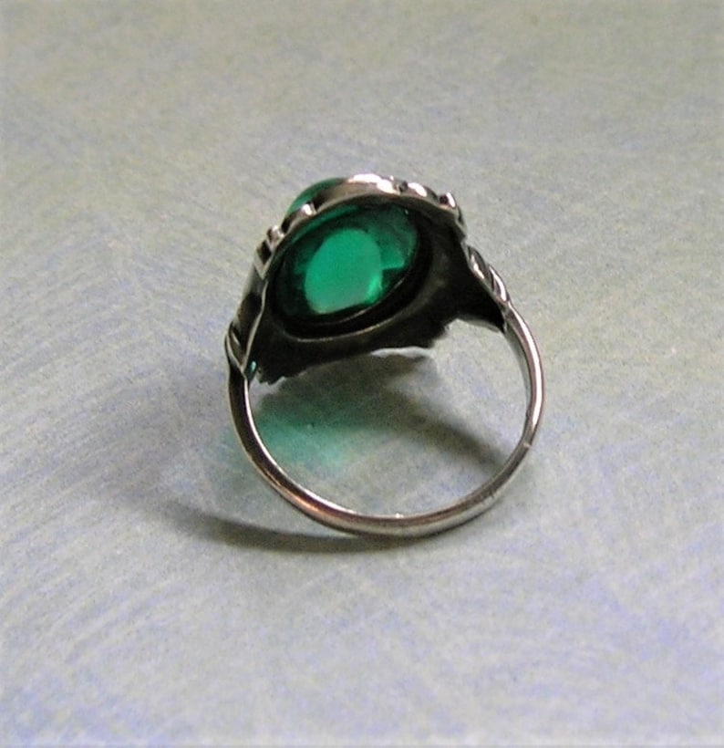 Green Glass and Marcasite Ring Art Deco Ring #3808 1930s Size 6 Art Deco Cocktail Ring Vintage Art Deco Sterling Silver