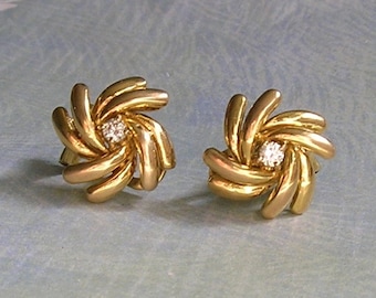 Vintage 18k Gold and Diamond Earrings, Classic Gold and Diamond Pierced Earrings, 18K Swirl Earrings (#4375)