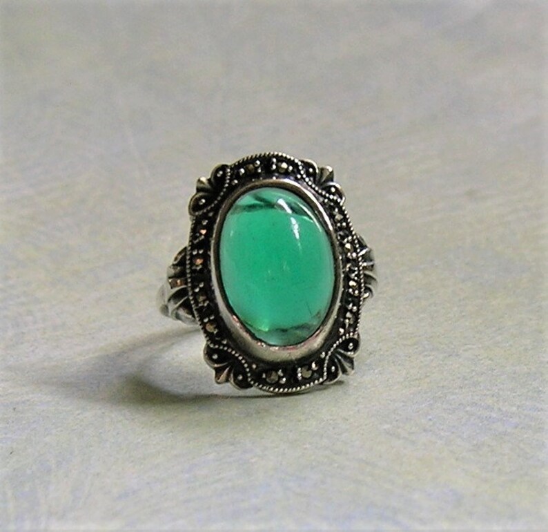 Green Glass and Marcasite Ring Art Deco Ring #3808 1930s Size 6 Art Deco Cocktail Ring Vintage Art Deco Sterling Silver