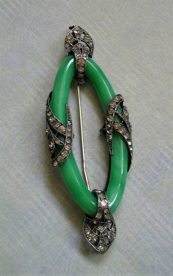 Antique French Art Deco Sterling and Paste Brooch… - image 3