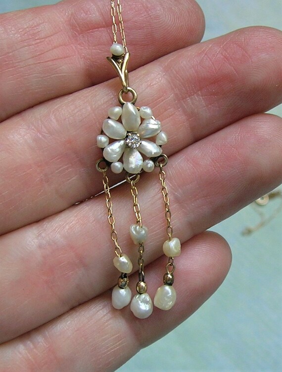 Antique 10K Gold Lavaliere Pendant With Pearls an… - image 6