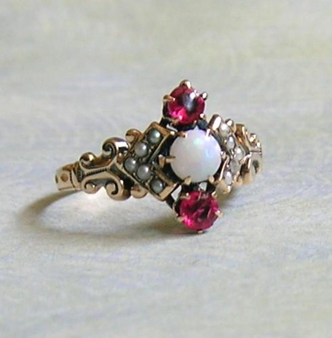 Antique Victorian 10K Gold, Opal, Ruby and Pearl Ring, Old Victorian ...
