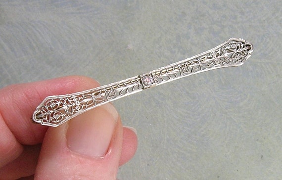 Antique Edwardian 14k White Gold and Diamond Bar … - image 1