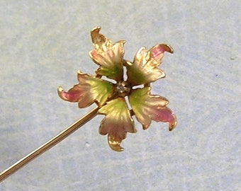 Antique 10K Gold and Enamel Flower Stick Pin, Gold Stick Pin With Enamel Flower and Diamond Center, Antique 10K Gold Stickpin (#4377)