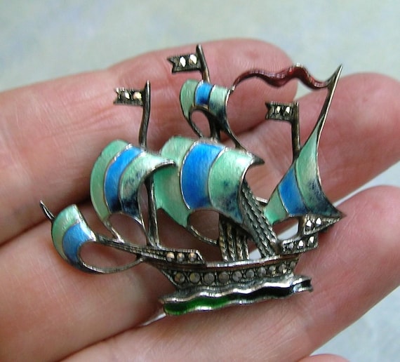 Antique Sterling Marcasite Enamel Galleon Brooch Pin, Old Sterling Germany Enamel Pin, Sterling and Enamel Pirate Ship Pin (#4838)