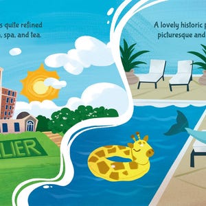 Puede incluir: Una ilustraci&oacute;n de un hotel llamado "The Cavalier" con un jard&iacute;n, un spa y t&eacute;. En el lado derecho de la imagen, un delf&iacute;n con una camiseta est&aacute; relaj&aacute;ndose junto a una piscina con un flotador de piscina de jirafa.