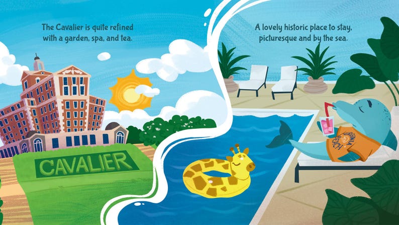 Puede incluir: Una ilustraci&oacute;n de un hotel llamado "The Cavalier" con un jard&iacute;n, un spa y t&eacute;. En el lado derecho de la imagen, un delf&iacute;n con una camiseta est&aacute; relaj&aacute;ndose junto a una piscina con un flotador de piscina de jirafa.