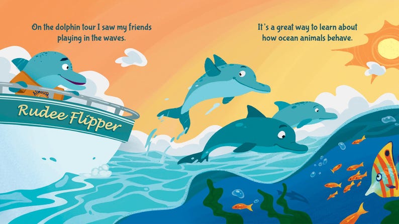 Puede incluir: Una ilustraci&oacute;n de dibujos animados de un barco de excursi&oacute;n de delfines con el texto "Rudee Flipper" en el lateral. El barco est&aacute; en el agua con tres delfines saltando fuera del agua. Los delfines son azules y grises. El fondo es una puesta de sol con un sol amarillo brillante.