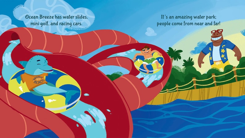 Puede incluir: Una ilustraci&oacute;n de dibujos animados de un parque acu&aacute;tico con un tobog&aacute;n de agua rojo y azul. Un delf&iacute;n con un chaleco salvavidas y un ni&ntilde;o bajan por el tobog&aacute;n en flotadores. Un hombre de dibujos animados con gafas de sol y una camisa azul con estrellas amarillas est&aacute; de pie en una pasarela de madera. El texto "Ocean Breeze has water slides, mini golf, and racing cars." est&aacute; en un globo de di&aacute;logo sobre el tobog&aacute;n. El texto "It's an amazing water park; people come from near and far!" est&aacute; en un globo de di&aacute;logo sobre el hombre.