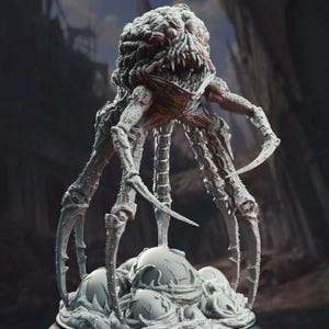 May include: A detailed, gray, 3D printed model of a monstrous creature with multiple legs and a large head. The creature is standing on a base with several round, organic-looking objects.