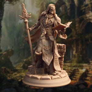 May include: A detailed miniature figurine of a cloaked figure holding a book and a staff. The figure is wearing armor and has a hood pulled over their head. The figurine is painted in a brown color and is set on a circular base.
