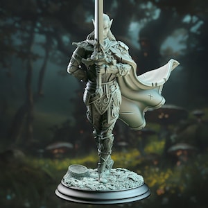 May include: A detailed, gray, 3D printed miniature of an elf warrior holding a sword. The elf is wearing armor and a cloak. The miniature is standing on a round base.