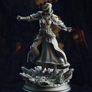 May include: A gray painted figurine of a female figure wearing a long flowing robe and armor. The figure is standing on a rocky base with a circular base.