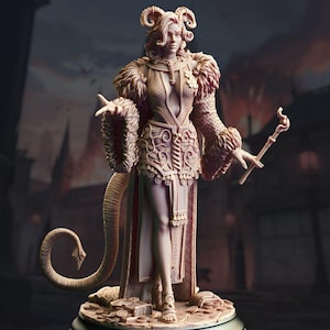 May include: A detailed figurine of a woman with horns, wearing a fur-trimmed robe and holding a staff. The figurine is painted in shades of brown and has intricate details on the clothing and staff.