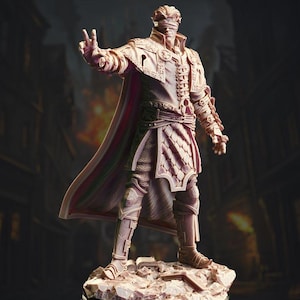 May include: A detailed, hand-painted miniature figurine of a character wearing a long, flowing robe with intricate details. The figurine is posed in a dramatic stance with one hand raised, and the other holding a weapon. The figurine is painted in shades of brown and beige, with hints of red and gold.