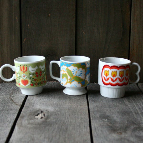 Three 60s Mugs Porcelain Floral Prints Two made in Japan Mid Century Modern Vintage From Nowvintage on Etsy