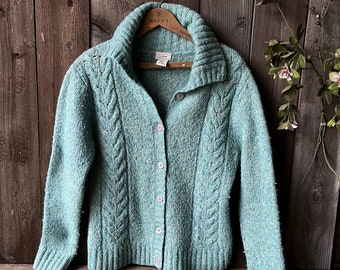 LL Bean Cardigan Sweater Wool Blend Blue Green