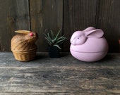 Vintage Easter Rabbit Decor Porcelain And Rattan Basket