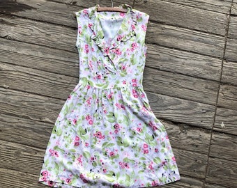 Vintage Dress Handmade Jersey Pink White Green Floral