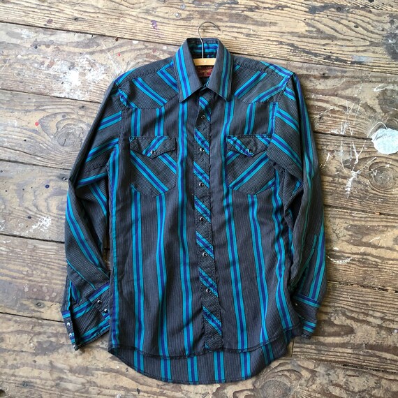 Vintage Western Shirt With Snaps Black and Blue - image 1