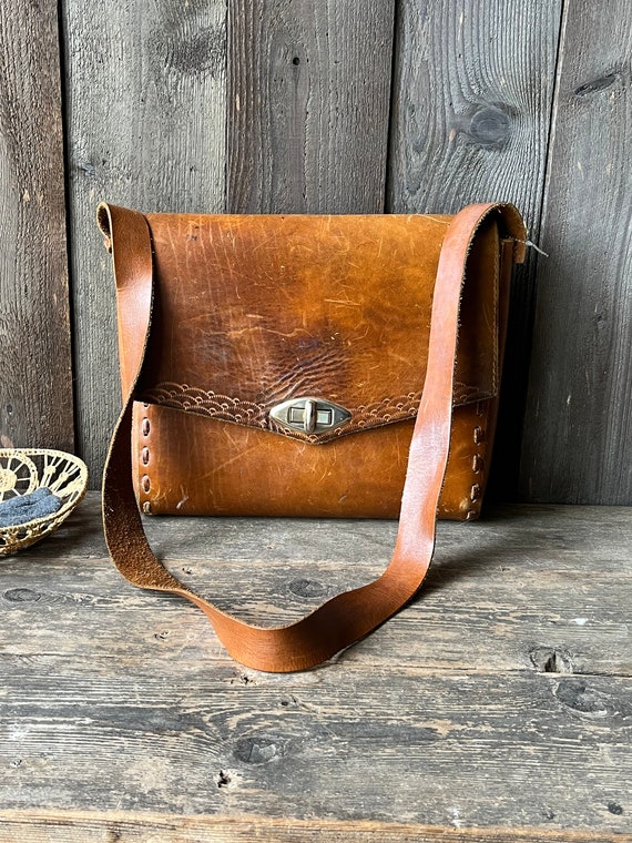 Tooled Leather Messenger Bag 1970s Hand Made - image 2