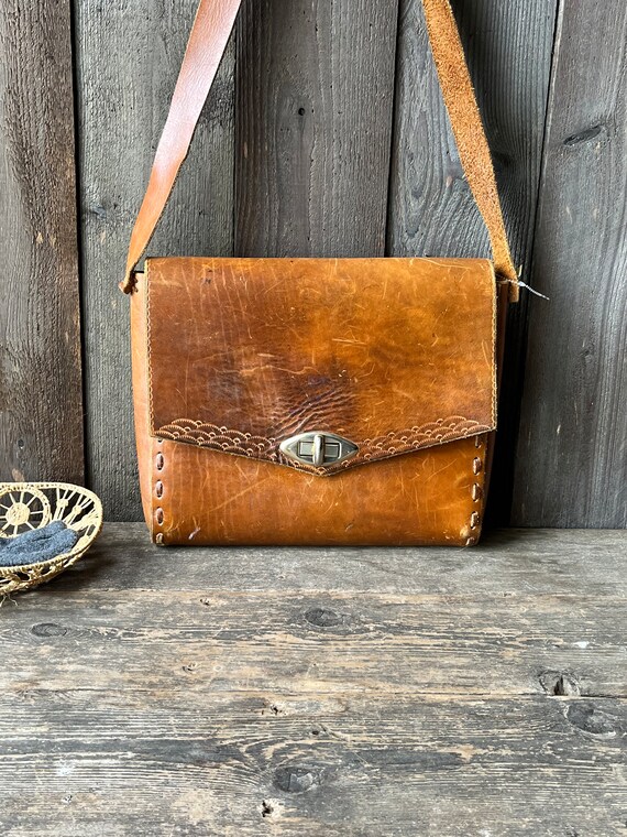 Tooled Leather Messenger Bag 1970s Hand Made - image 6