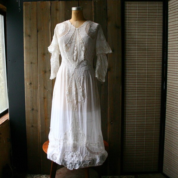 Hand Tatted Crochet Wedding Dress 1910 Era Antique Vintage White Bride