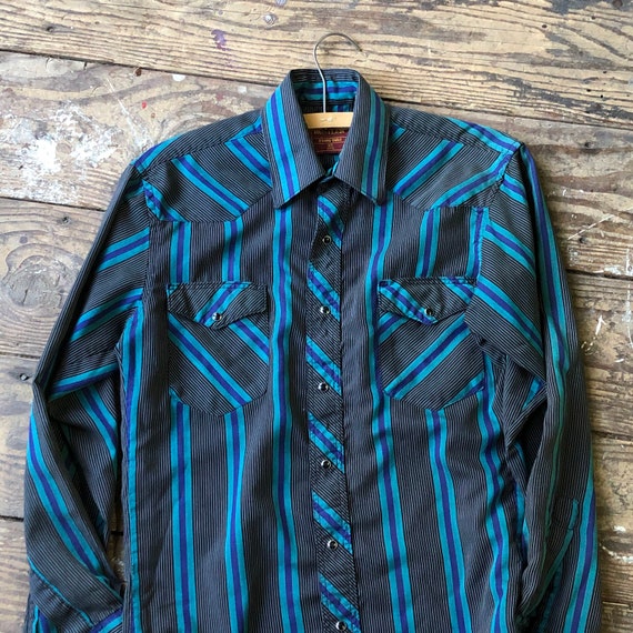 Vintage Western Shirt With Snaps Black and Blue - image 2