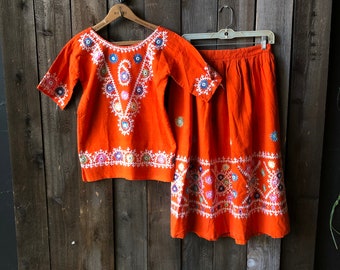 Vintage 70s Embroidered Skirt and Top Orange