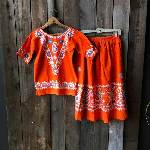 Vintage 70s Embroidered Skirt and Top Orange - image 1