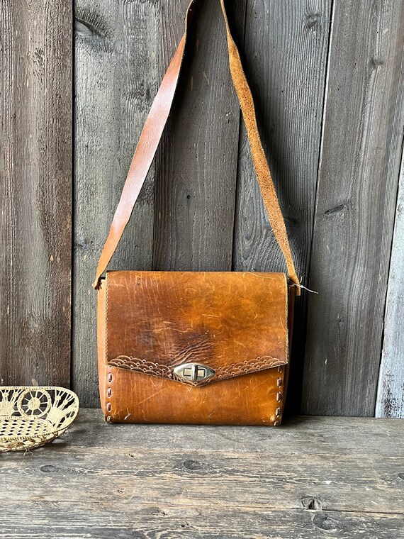 Tooled Leather Messenger Bag 1970s Hand Made