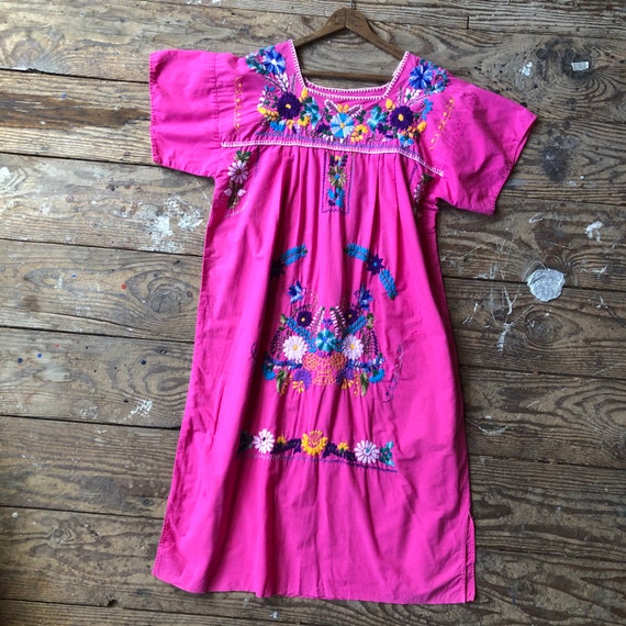 1970s Embroidered Boho Hippie Dress Pink Cotton - image 1