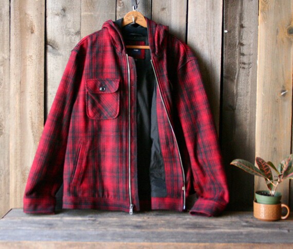 red plaid hooded jacket